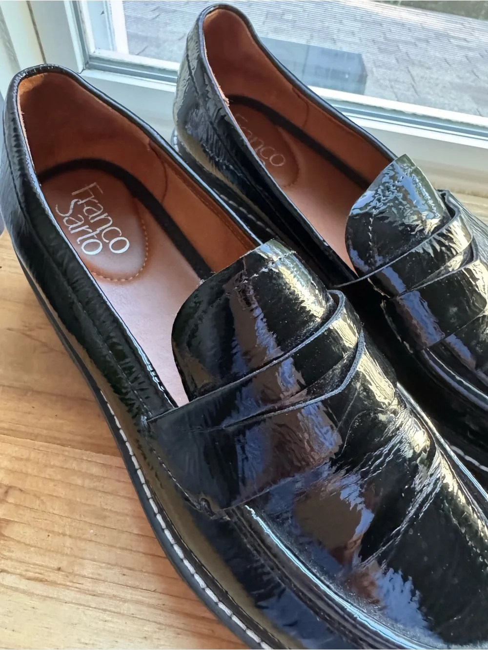 Franco Sarto Balin Black Patent Chunky Lug Sole Penny Loafers 7.5M